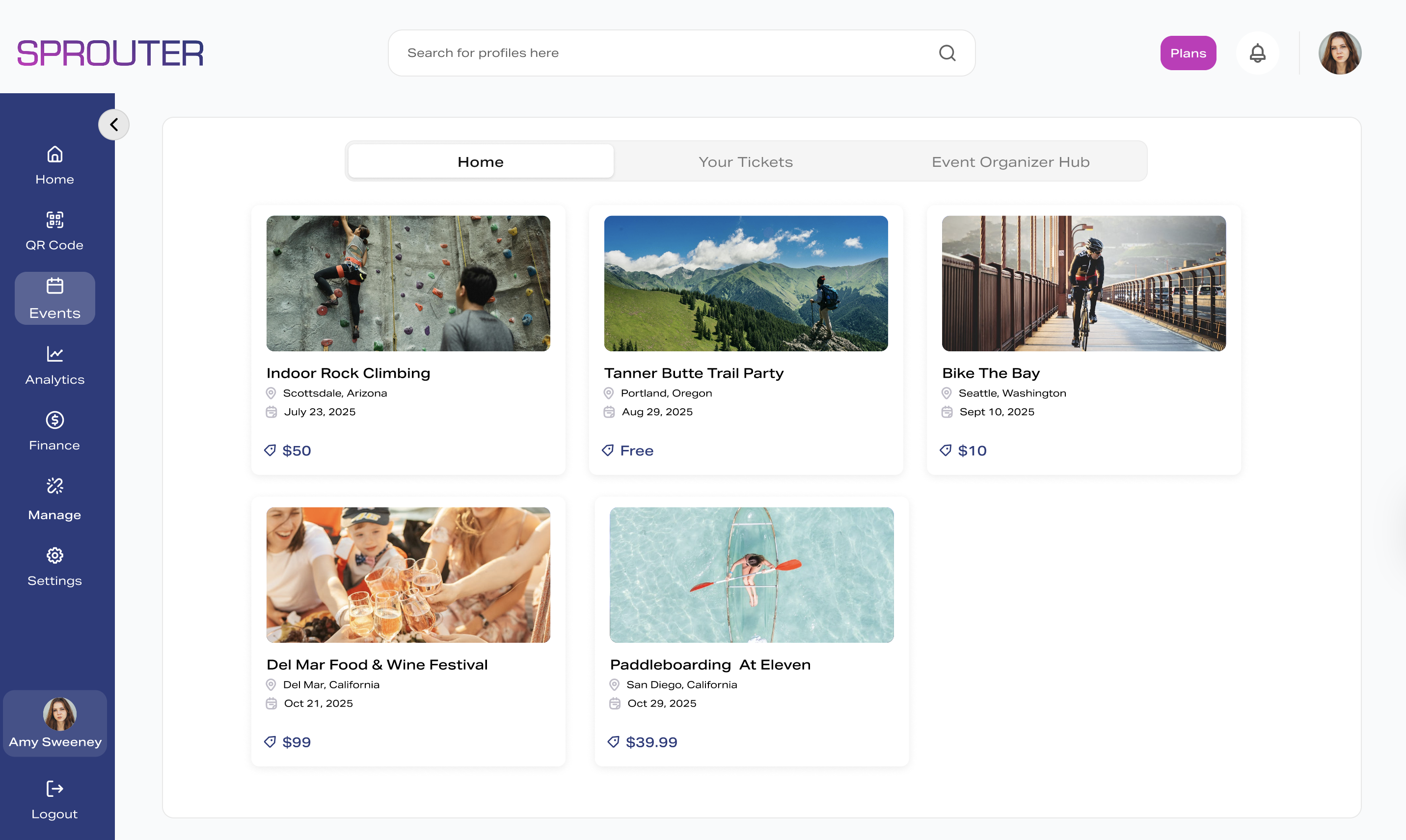 Sprouter events dashboard showing upcoming events